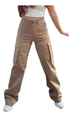 Pantalon Cargo Olgado Juvenil Tiro Alto Bolsas Laterales