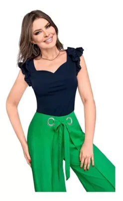 Pantalón Mujer Fluido Con Ojillos Color Verde 965-15